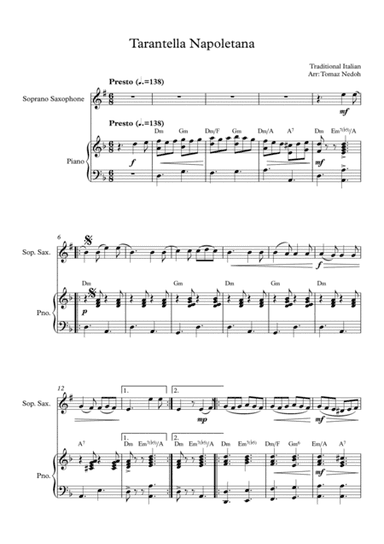 Tarantella Napoletana Soprano Saxophone and Piano (arr. Tomaz Nedoh)