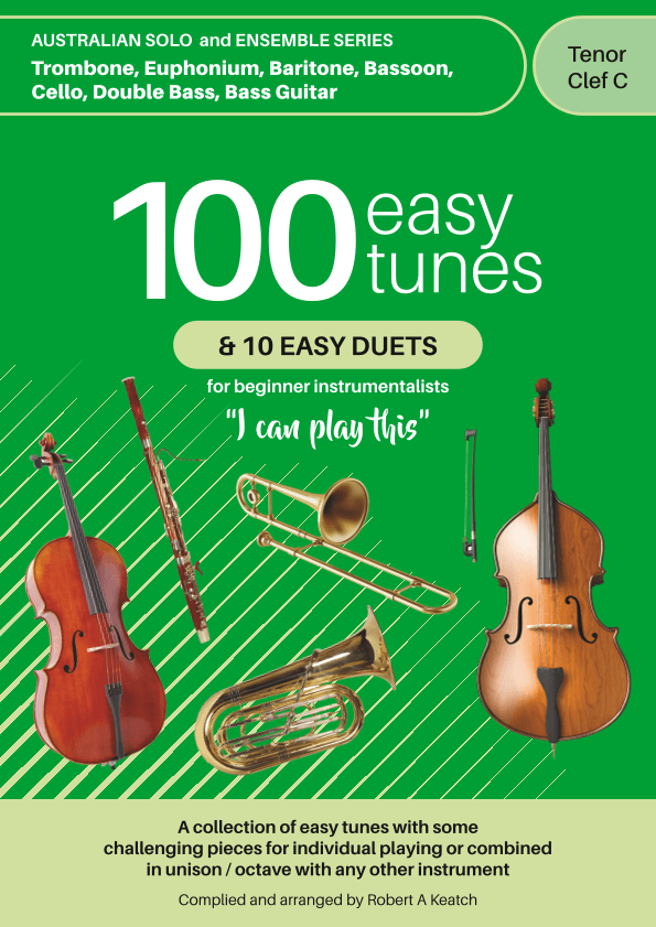 A LEARN TO PLAY book of 100 EASY TUNES and 10 EASY DUETS.  STRING BASS and BASS GUITAR in TENOR CLEF