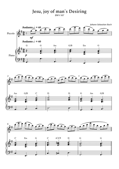 Jesu, joy of man's Desiring for Piccolo and Piano (With Chords) - Score and Parts (arr. Cássio Silva Chaves)