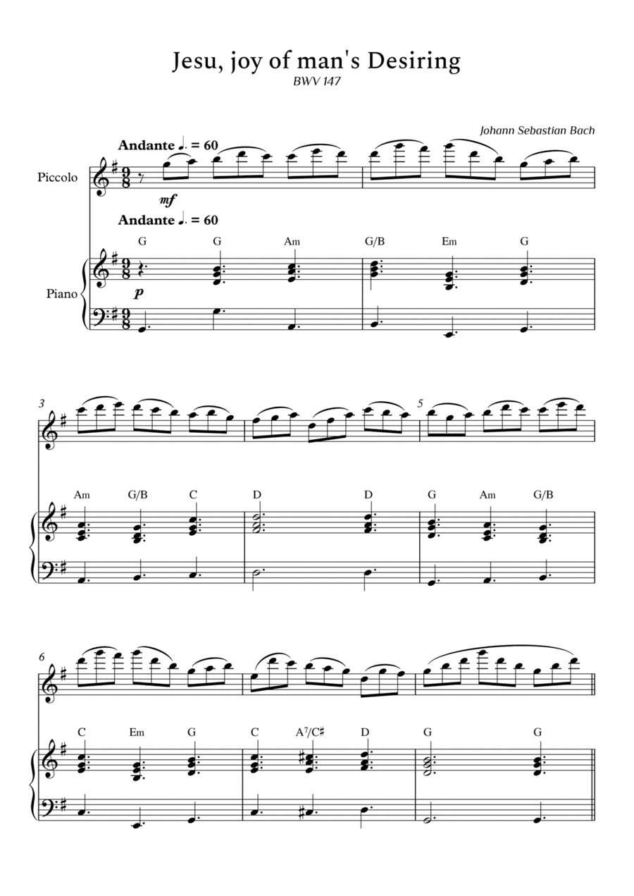 Jesu, joy of man's Desiring for Piccolo and Piano (With Chords) - Score and Parts (arr. Cássio Silva Chaves)