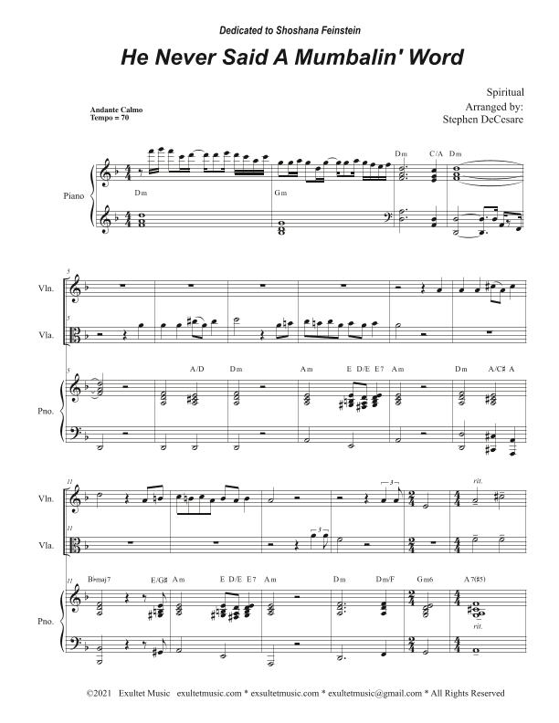 He Never Said A Mumbalin' Word (Duet for Violin and Viola) (arr. Stephen DeCesare)