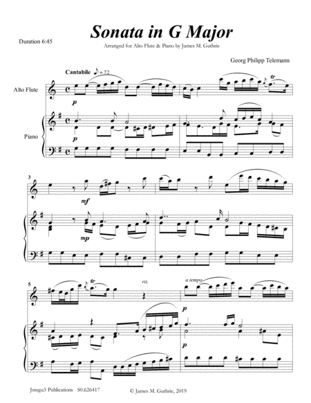 Telemann: Sonata in G Major for Alto Flute & Piano (arr. James M. Guthrie, ASCAP)