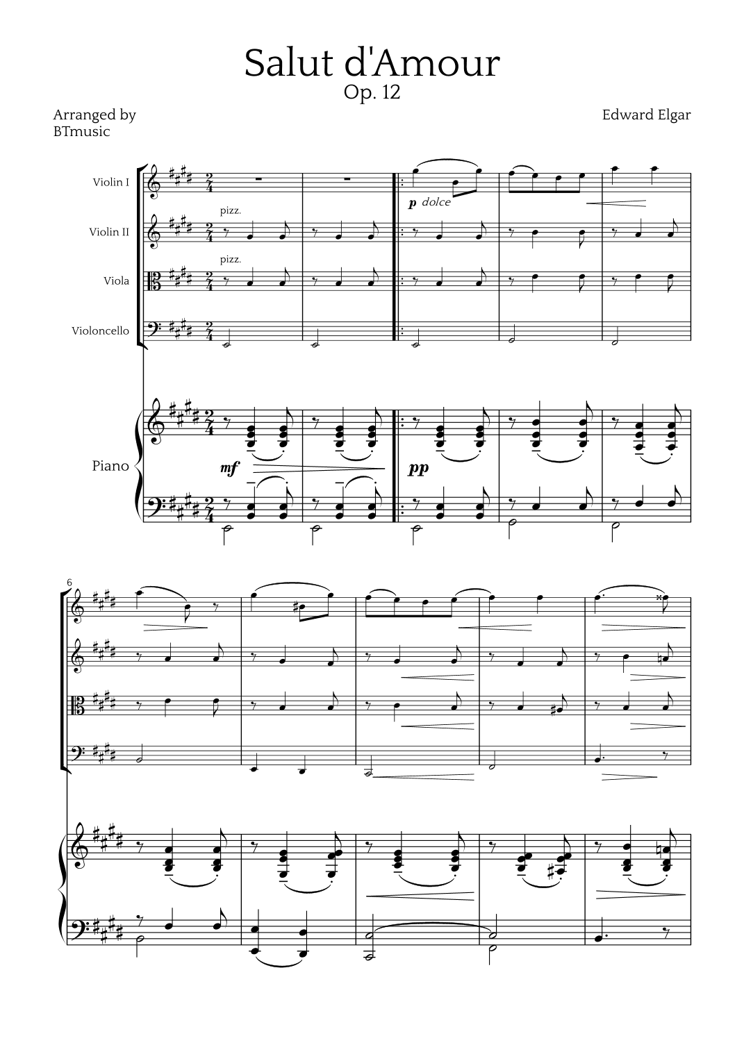 Salut d'Amour (Op. 12) - String Quartet and Piano (arr. BTmusic)