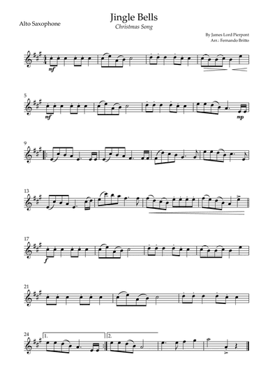 Jingle Bells (Christmas Song) for Alto Saxophone Solo (arr. Fernando Britto)