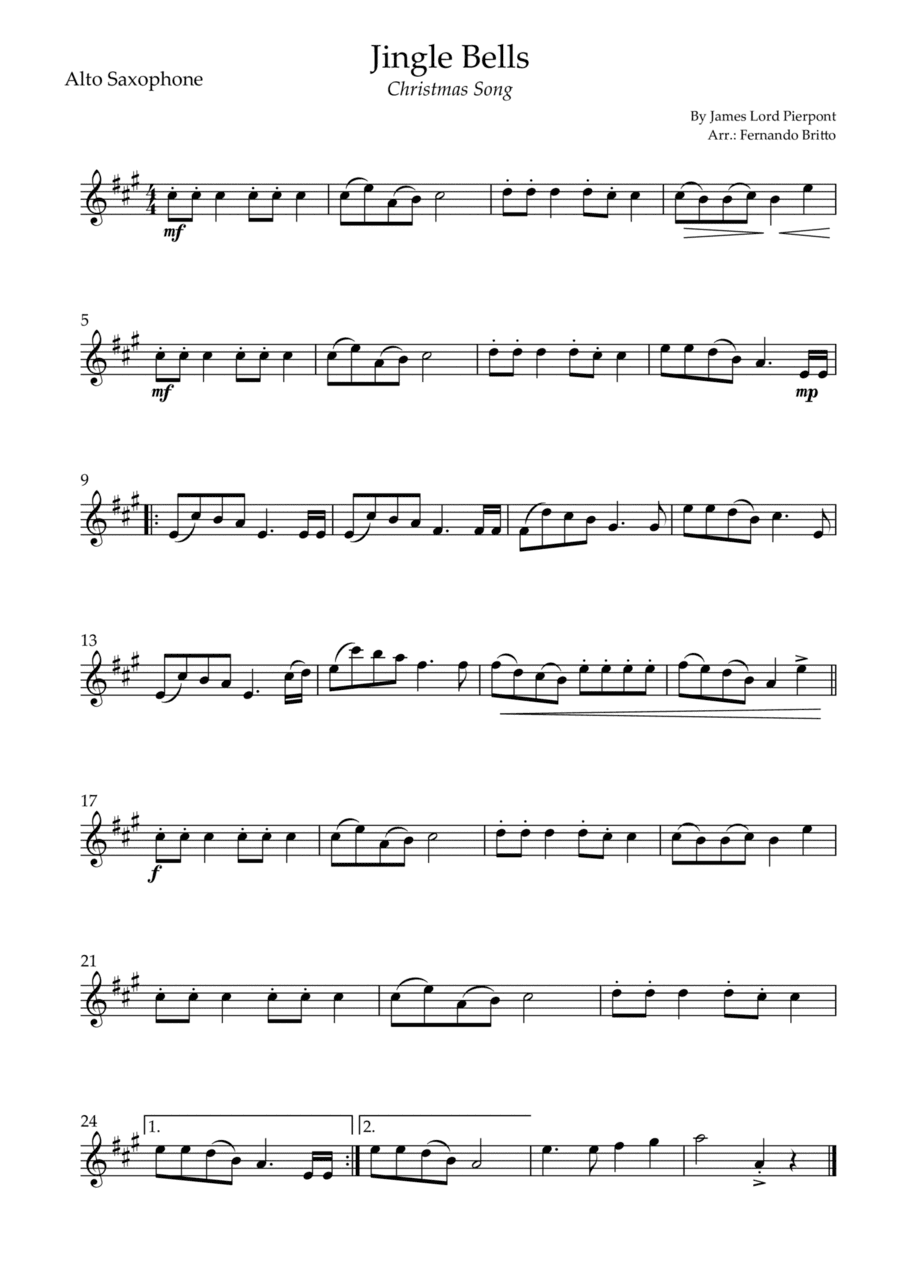 Jingle Bells (Christmas Song) for Alto Saxophone Solo (arr. Fernando Britto)