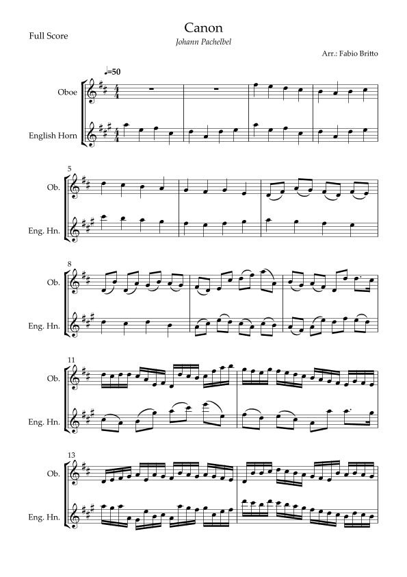 Canon - Johann Pachelbel (Wedding/Reduced Version) for Oboe & English Horn Duo (arr. Fabio Britto)