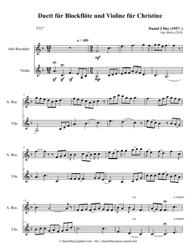 Duett für Blockflöte und Violine für Christine (Opus 484)