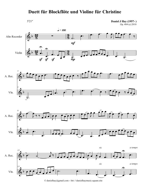 Duett für Blockflöte und Violine für Christine (Opus 484)