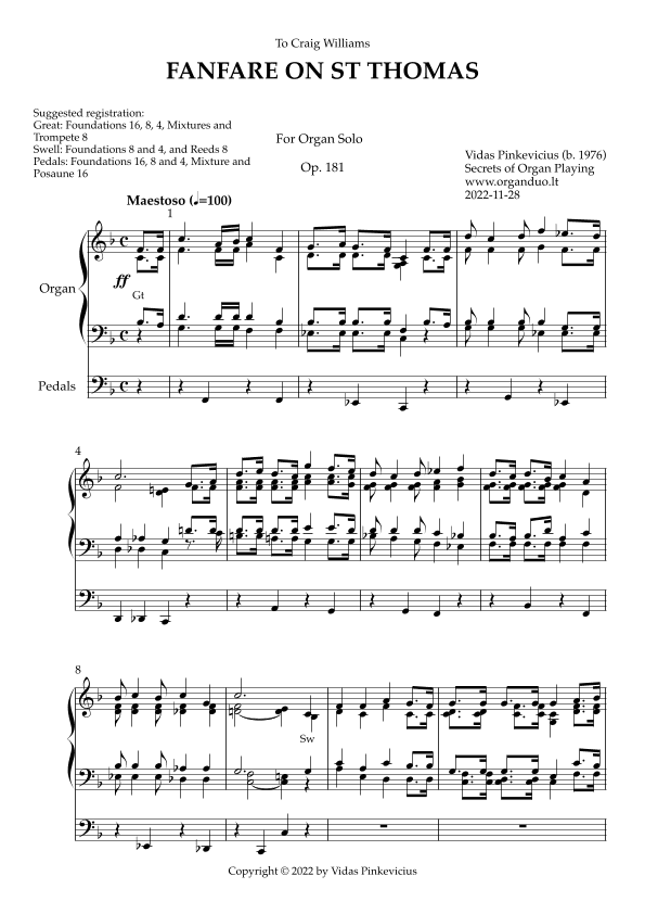 Fanfare on St. Thomas, Op. 181 (Organ Solo) by Vidas Pinkevicius