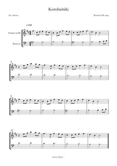 korobeiniki tetris theme for Clarinet and Bassoon sheet music (arr. Arezzo Music)