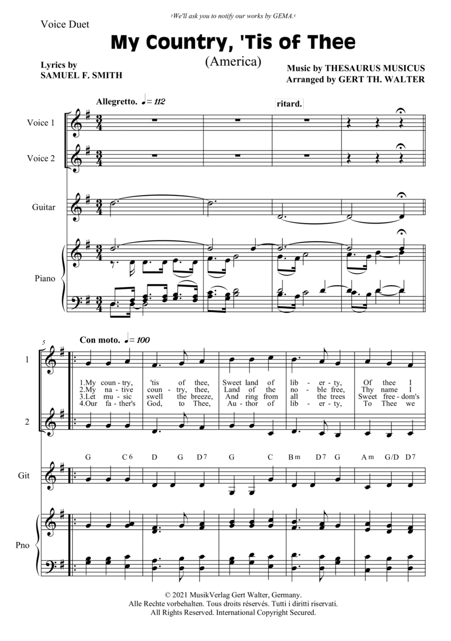 My Country, 'Tis Of Thee (America) (arr. Gert Th. Walter)