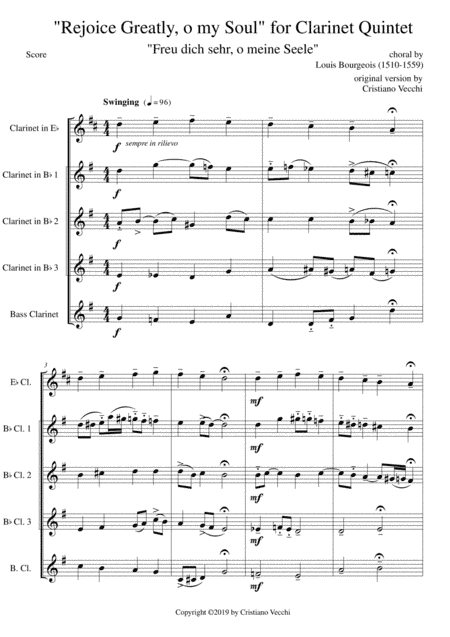 "Rejoice Greatly, o my Soul" for Clarinet Quintet (arr. Cristiano Vecchi)