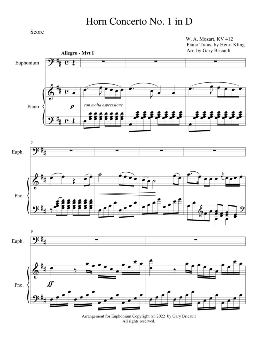 Horn Concerto No. 1 in D - K 412 (arr. Gary Bricault)