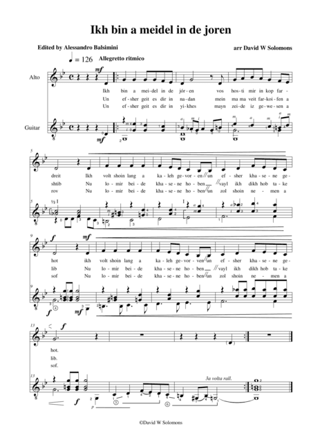 Ikh bin e meidel in de joren for alto voice and guitar (arr. David Warin Solomons)