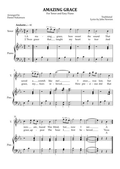 Amazing Grace (for tenor vocal with easy piano) (arr. Daniel Nakamura)