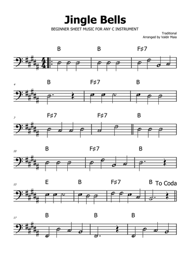Jingle Bells - B Major (with note names) (arr. Valdir Maia)