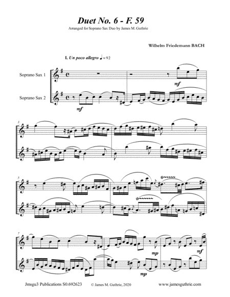 WF Bach: Duet No. 6 for Soprano Sax Duo (arr. James M. Guthrie, ASCAP)