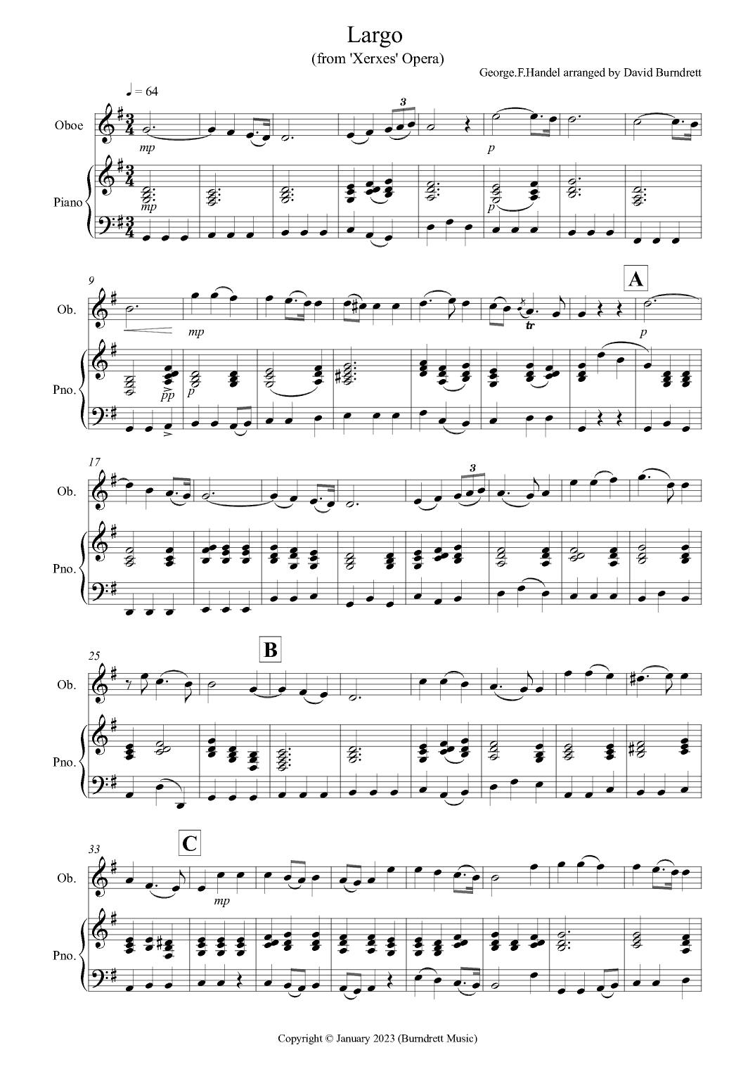 Largo (by Handel) for Oboe and Piano (arr. David Burndrett)