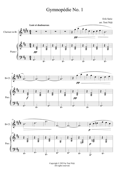 Erik Satie - Gymnopédie No. 1 (for Clarinet in Bb & Piano) (arr. Toni Nita)