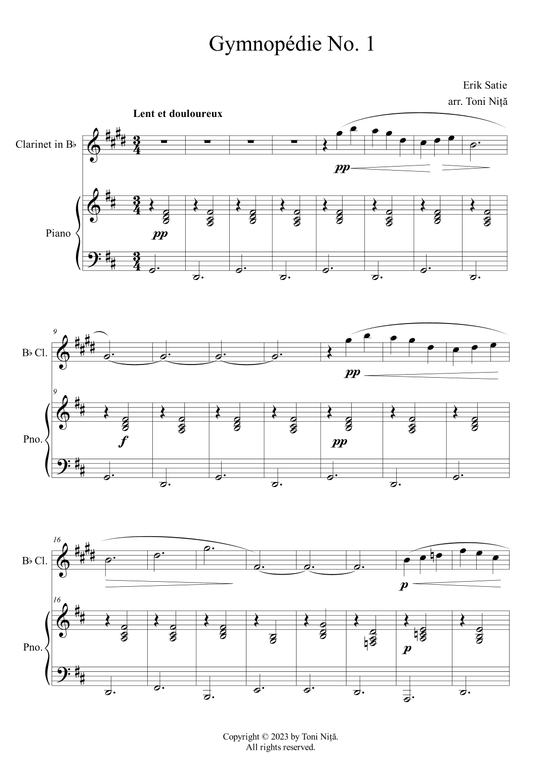 Erik Satie - Gymnopédie No. 1 (for Clarinet in Bb & Piano) (arr. Toni Nita)