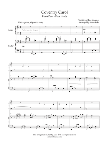 Coventry Carol (elementary student/teacher piano duet) (arr. Anne Britt)