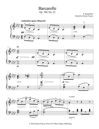 Barcarolle (Op. 100, No. 22) (arr. Presto! It's Music Magic Publishing)
