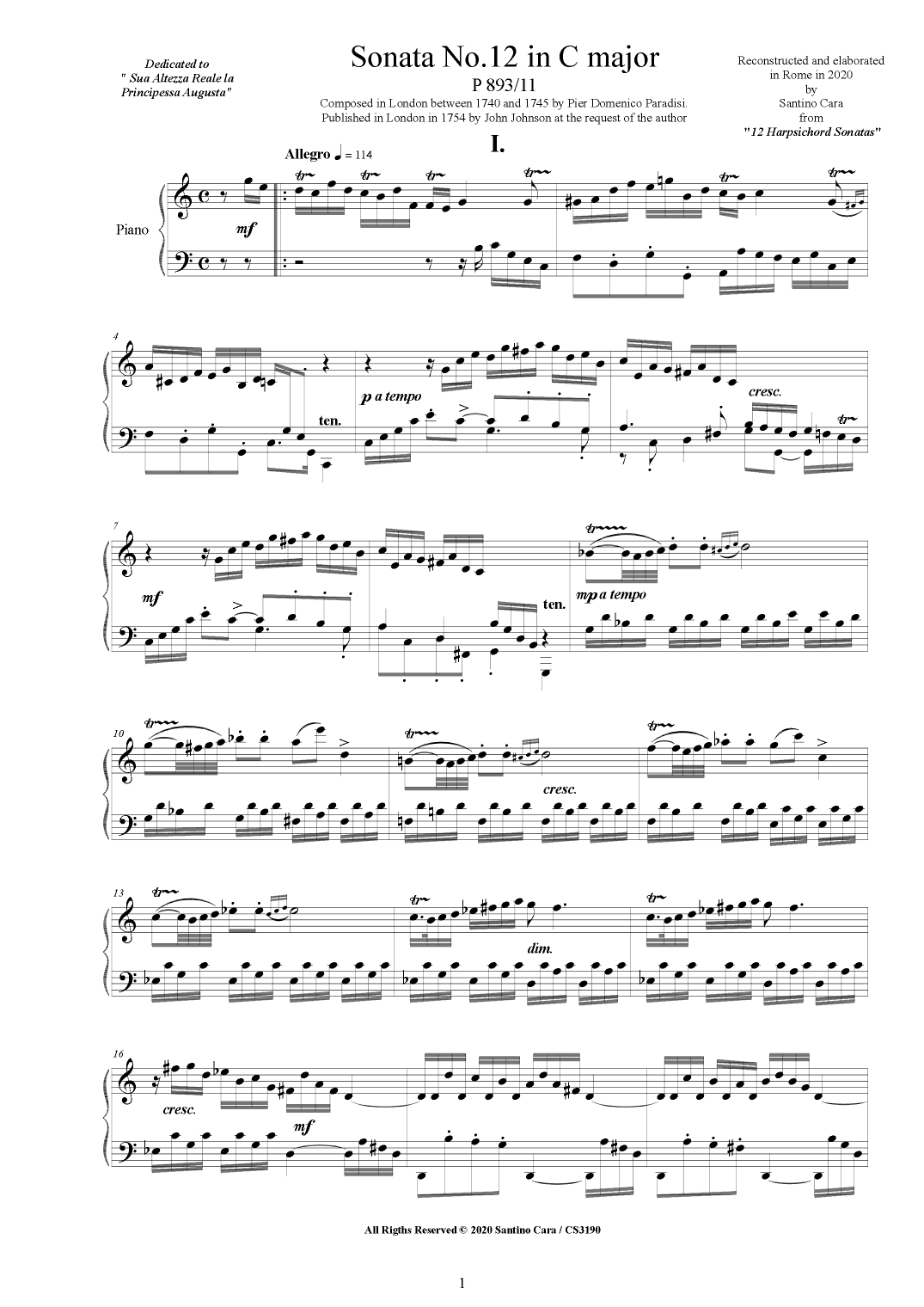 Paradisi - Piano Sonata No.12 in C major, P893-12 (arr. Santino Cara)