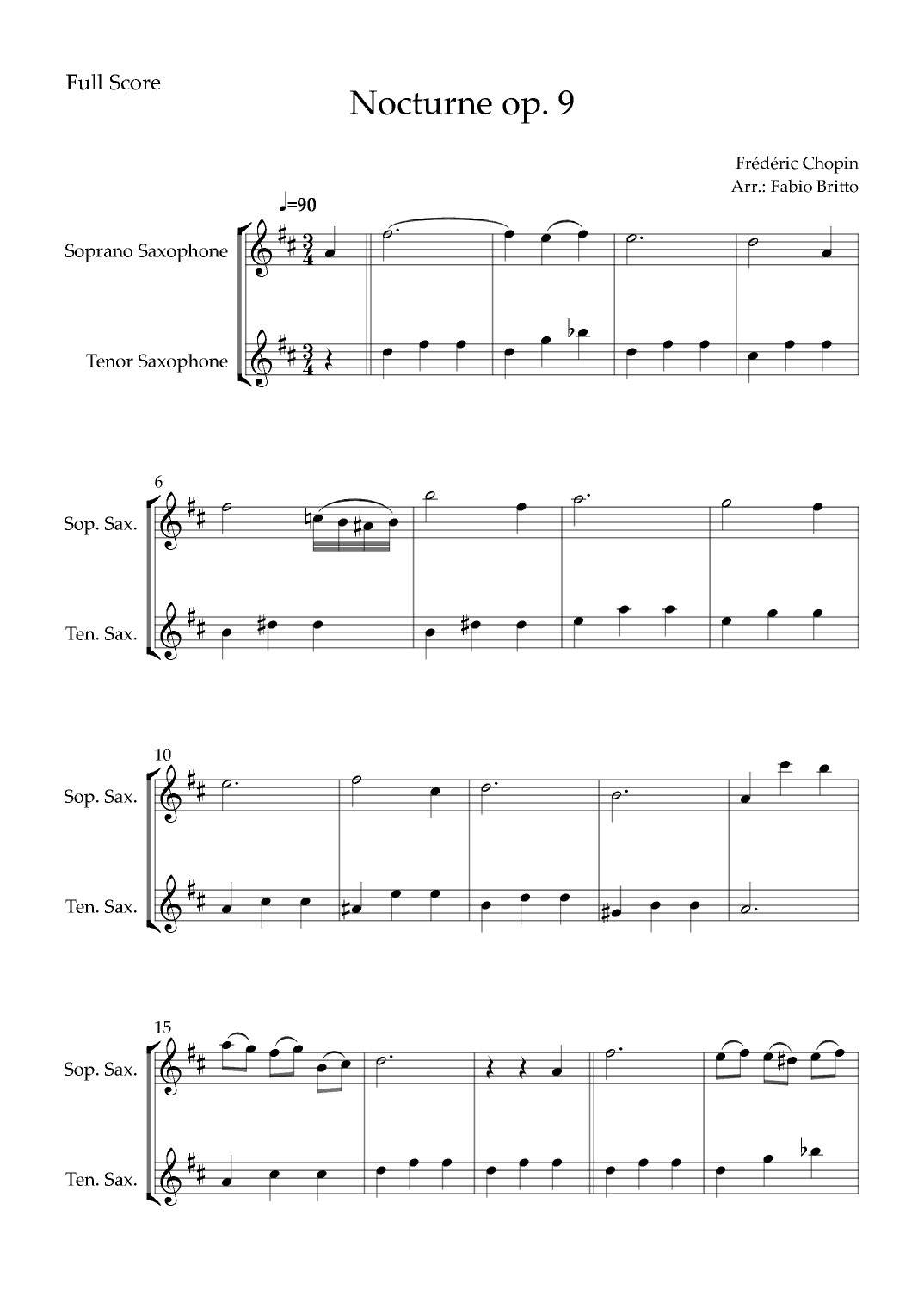 Nocturne Op.9 No. 2 (Frédéric Chopin) for Soprano Saxophone & Tenor Saxophone Duo (arr. Fabio Britto)