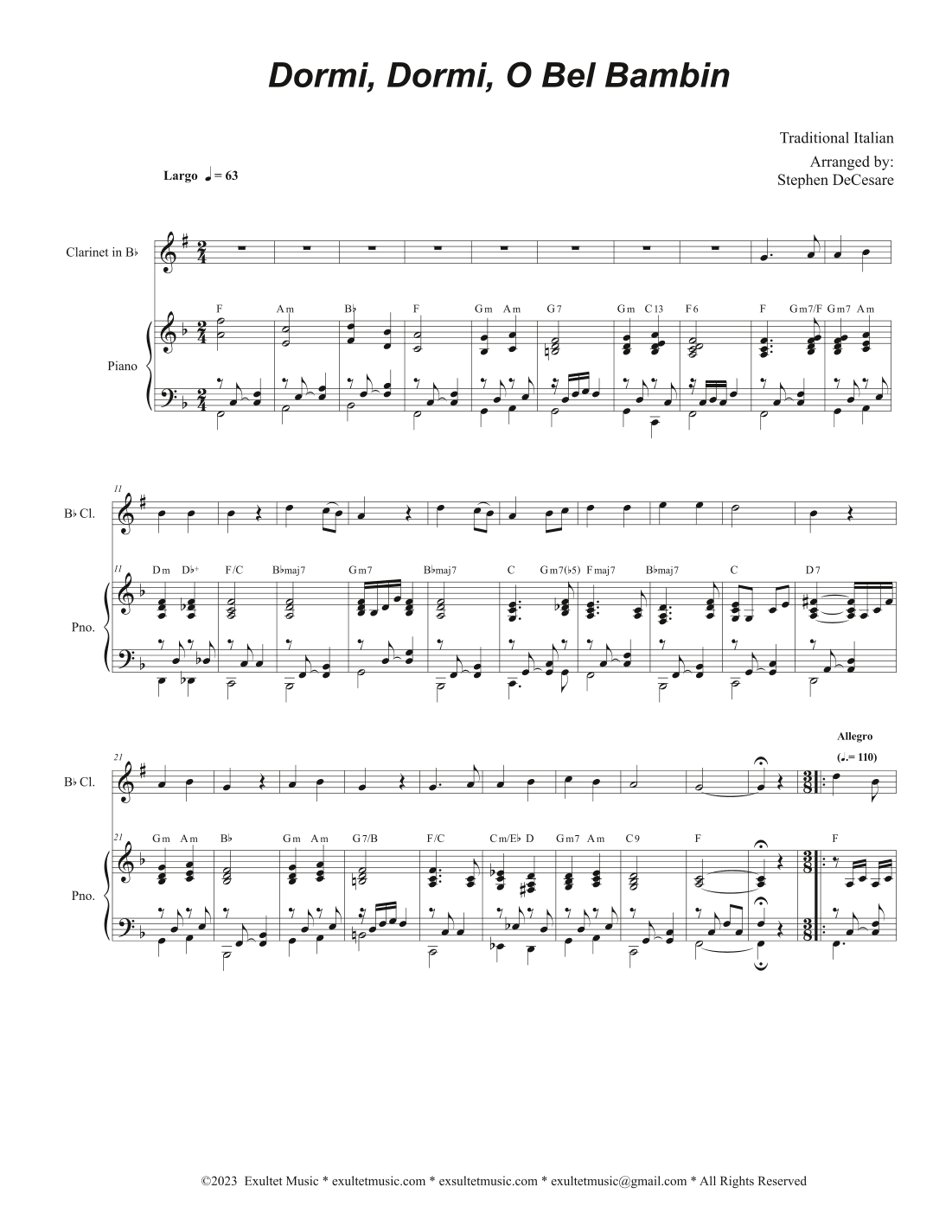 Dormi, Dormi, O Bel Bambin (Bb-Clarinet solo and Piano) (arr. Stephen DeCesare)