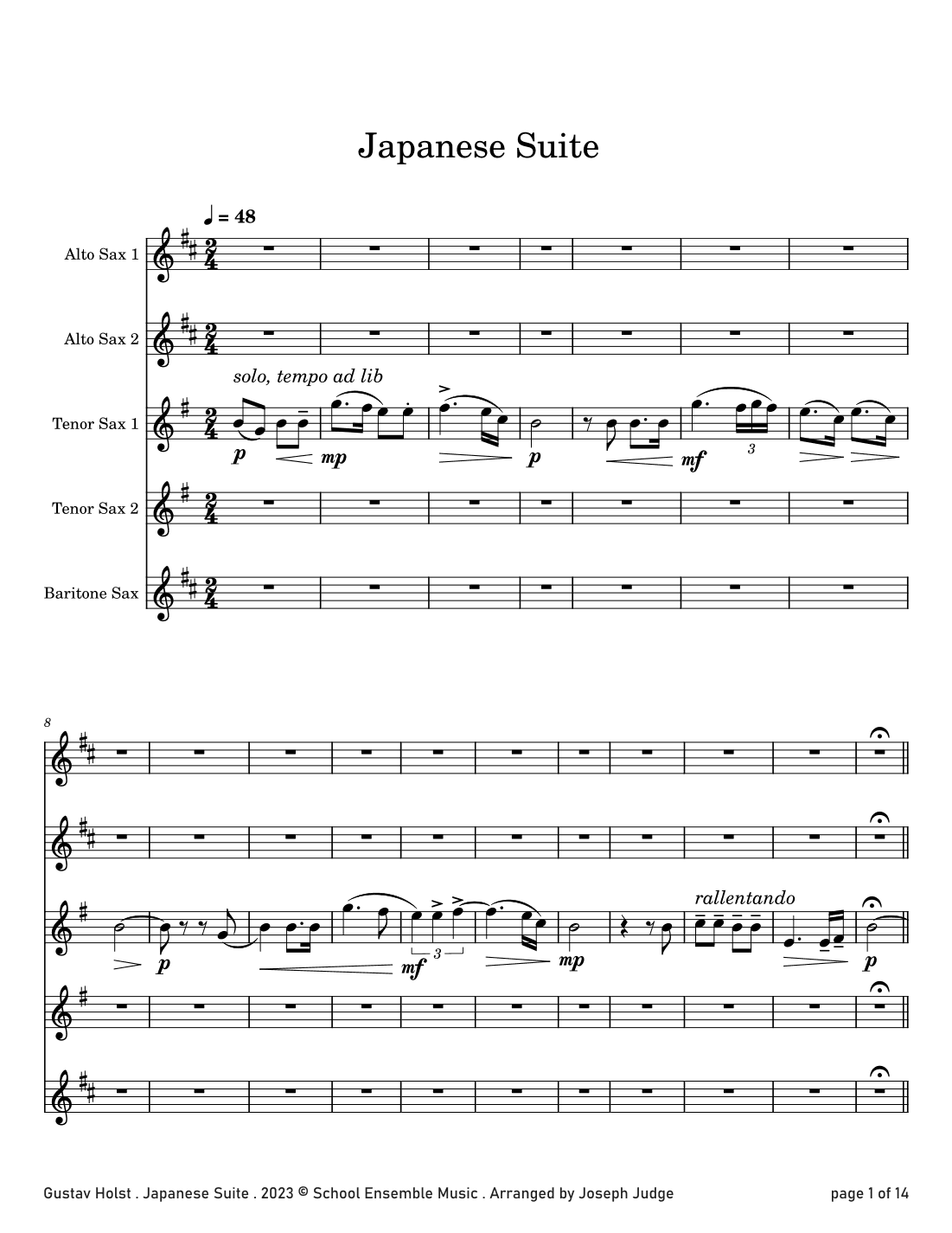 Japanese Suite by Holst for Saxophone Quintet in Schools (arr. Joseph Judge)