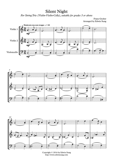 Silent Night (string trio (violin-violin-cello),grades >3,part scores included) (arr. Edwin Sung)