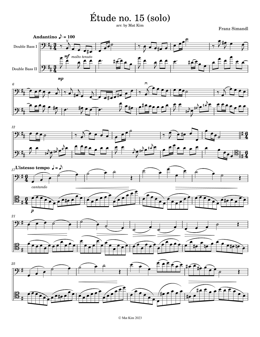 Title Franz Simandl Étude no. 15 in B minor (Andantino) for Two Double Basses (arr. M. Kim)