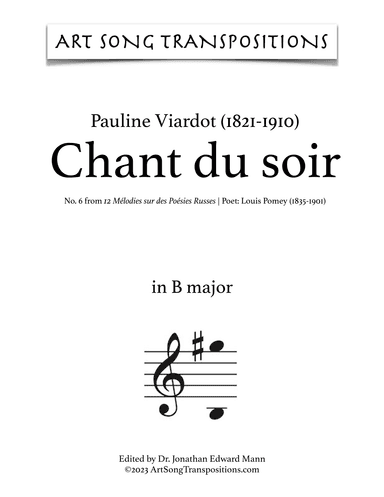 VIARDOT: Chant du soir (transposed to B major) (arr. ArtSongTranspositions.com)