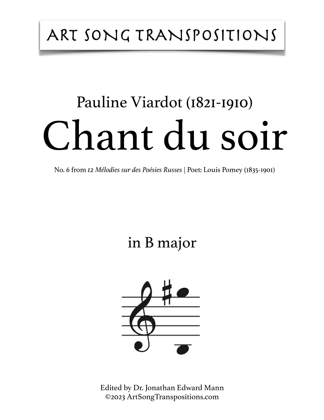 VIARDOT: Chant du soir (transposed to B major) (arr. ArtSongTranspositions.com)