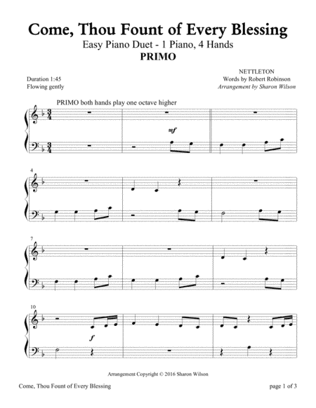 Come, Thou Fount of Every Blessing (Easy Piano Duet, 1 Piano, 4 Hands) (arr. Sharon Wilson)
