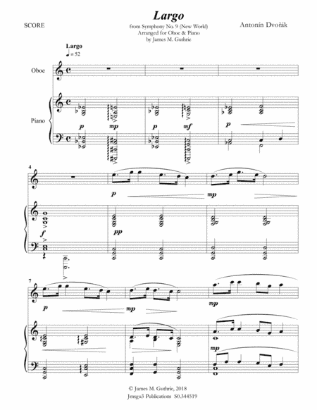 Dvorák: Largo from the New World Symphony for Oboe & Piano (arr. James M. Guthrie, ASCAP)