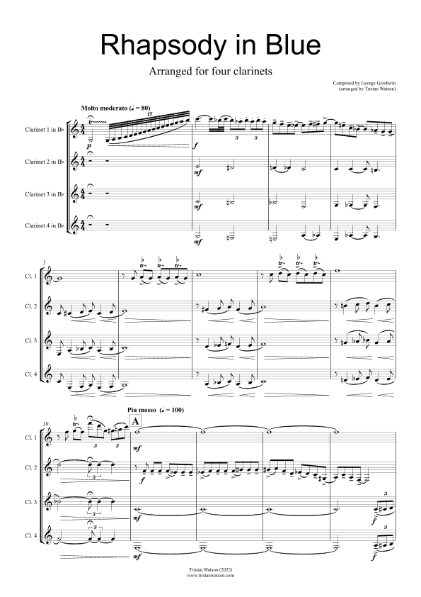 Rhapsody in Blue, arrange for clarinet quartet (arr. Tristan Watson)
