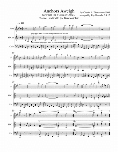 Anchors Aweigh, Trio for Flute (or Violin or Oboe), Clarinet, and Cello (or Bassoon) (arr. Ray Kamada)