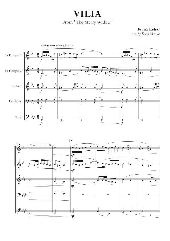 Vilia from "The Merry Widow" for Brass Quintet (arr. Diego Marani)