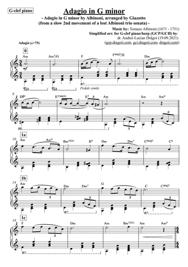 Albinoni (Tomaso) - Adagio in G minor - simplified arr. in A minor for G-clef piano/harp (GCP/GCH) (arr. Andrei-Lucian Dragoi)