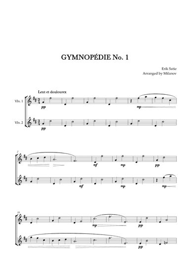 Gymnopédie no 1 | Violin Duet | Original Key |Easy intermediate (arr. Milanov)
