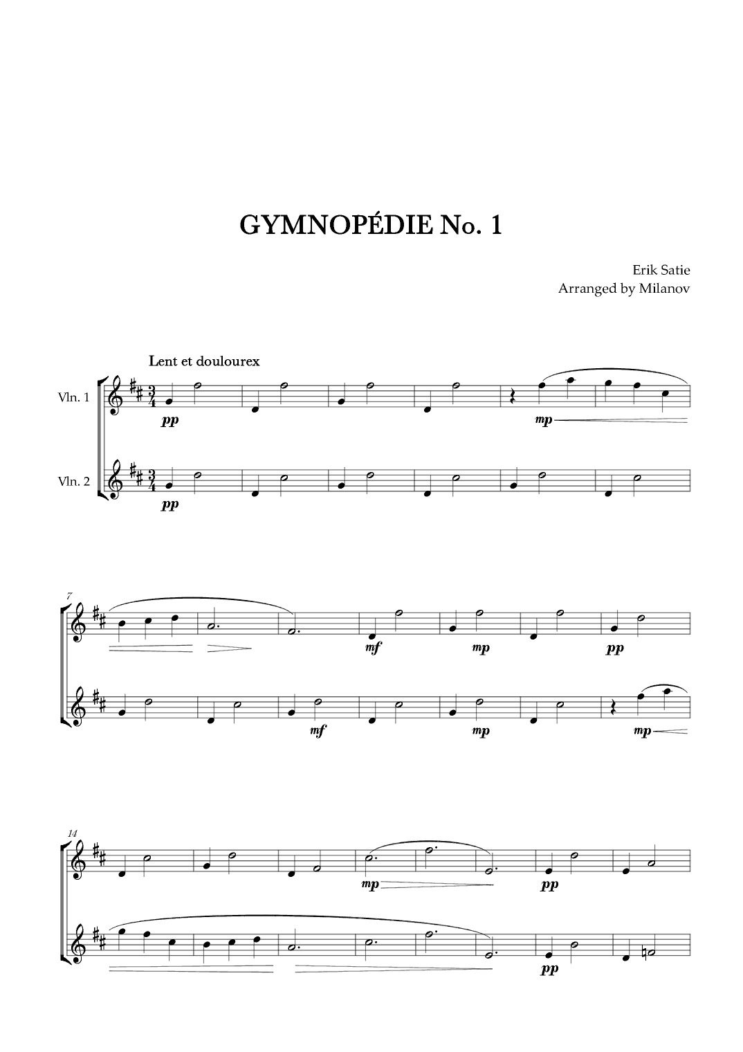 Gymnopédie no 1 | Violin Duet | Original Key |Easy intermediate (arr. Milanov)