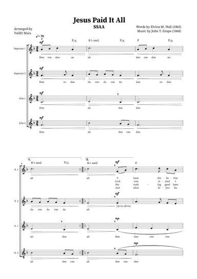 Jesus Paid It All - SSAA Quartet or Choir (+ Chords) (arr. Valdir Maia)