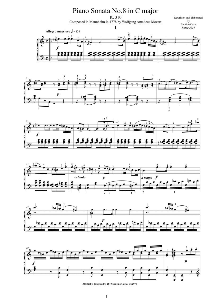 Mozart - Piano Sonata No.8 in A minor K 310 - Complete score (arr. Santino Cara)