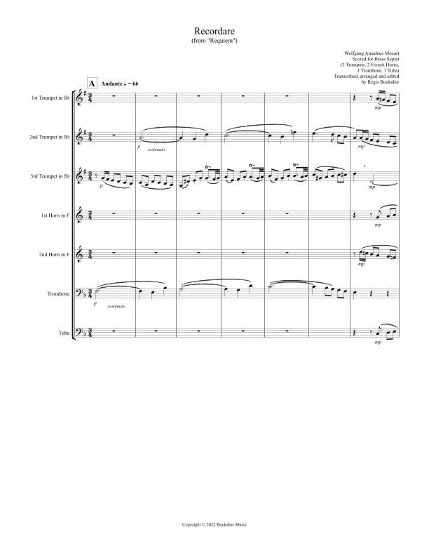 Recordare (from "Requiem") (F) (Brass Septet - 3 Trp, 2 Hrn, 1 Trb, 1 Tuba) (arr. Regis Bookshar)
