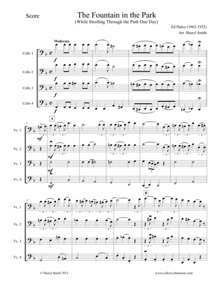 Fountain in the Park (While Strolling through the Park one Day) for intermediate cello quartet (arr. Yellow Cello Music)