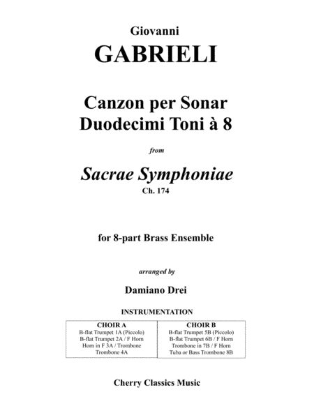 Canzon per Sonar Duodecimi Toni a 8 for 8-part Brass Ensemble (arr. Damiano Drei)
