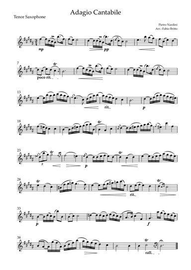 Adagio Cantabile (P. Nardini) for Tenor Saxophone Solo (arr. Fabio Britto)