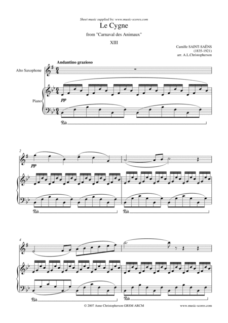 The Swan, or Le Cygne - Alto Sax and Piano - Bb major (arr. Anne L Christopherson GRSM ARCM)
