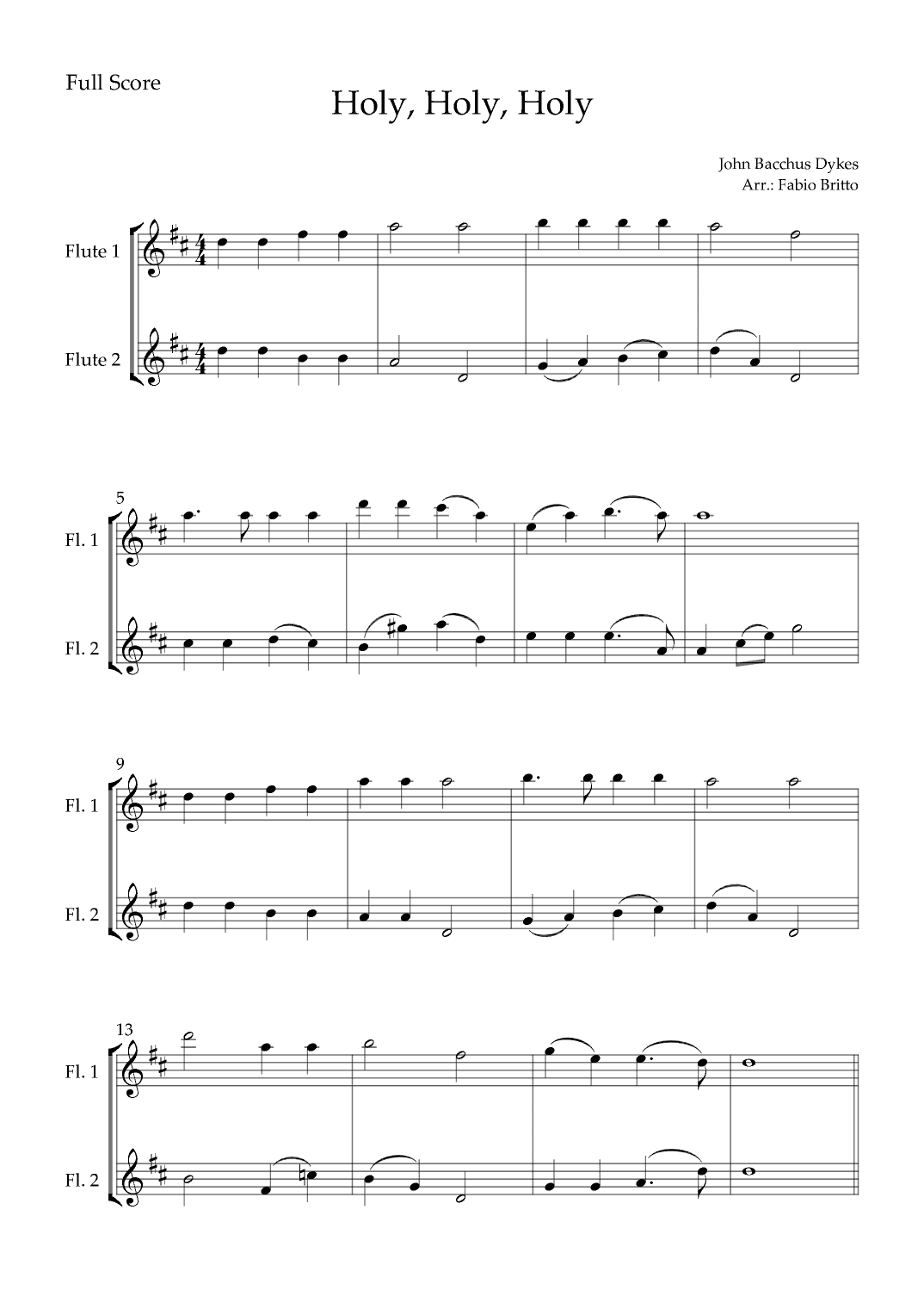 Holy, Holy, Holy (Traditional Christian Song) for Flute Duo (arr. Fabio Britto)
